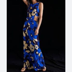Corey Lynn Calter Cut Out Jumpsuit Floral Bow Blue Cream Anthro Sz L Blue NEW